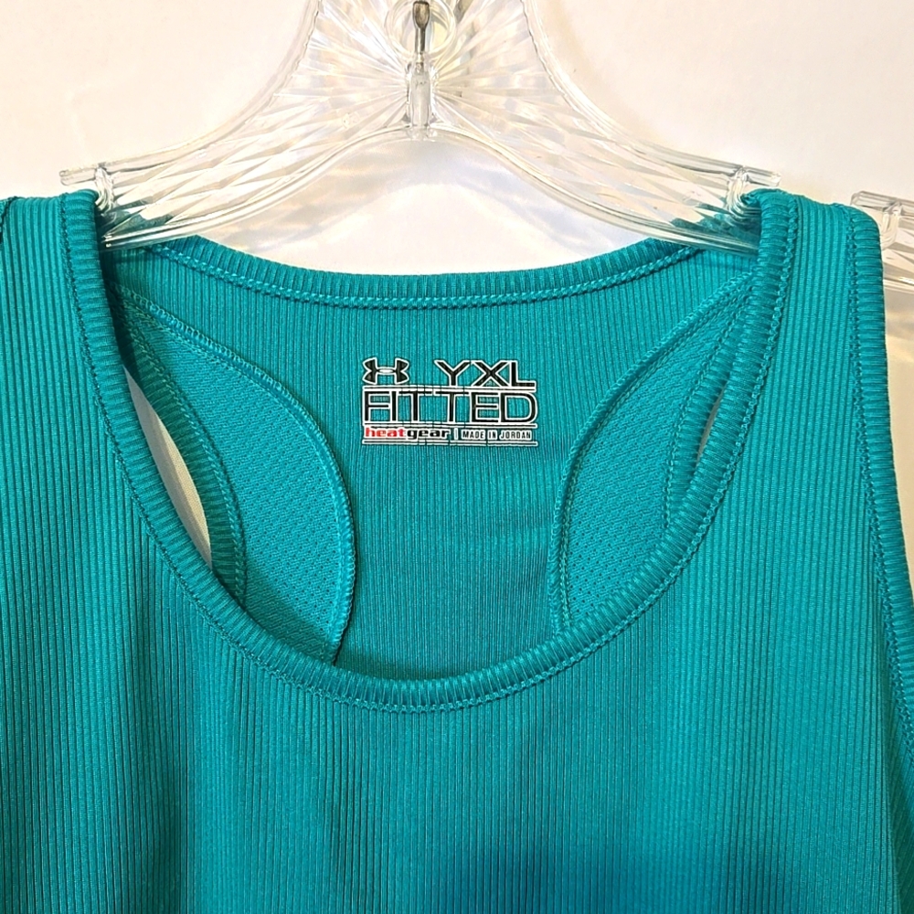 Under Armour Tank Top, YXXL, Fitted, Heat Gear, Teal, Blue, Green, Poly Blend - Picture 7 of 11